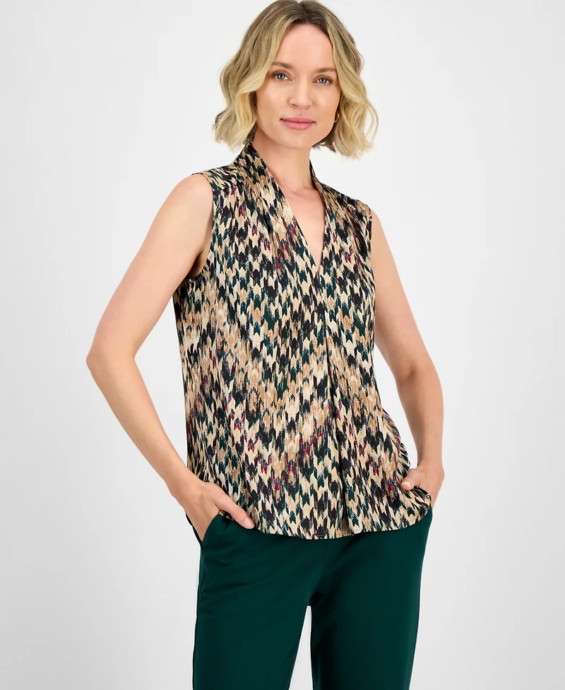 Kasper Women's Chevron-Printed Satin V-Neck Blouse