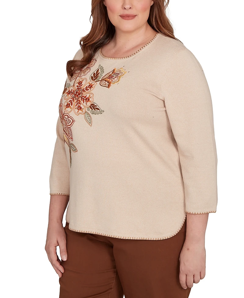 Alfred Dunner Plus Mount Laurel Asymmetrical Embroidered Flower Sweater