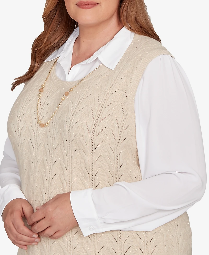 Alfred Dunner Plus Urban Legend Pointelle Texture Two One Sweater with Necklace