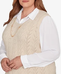 Alfred Dunner Plus Urban Legend Pointelle Texture Two One Sweater with Necklace