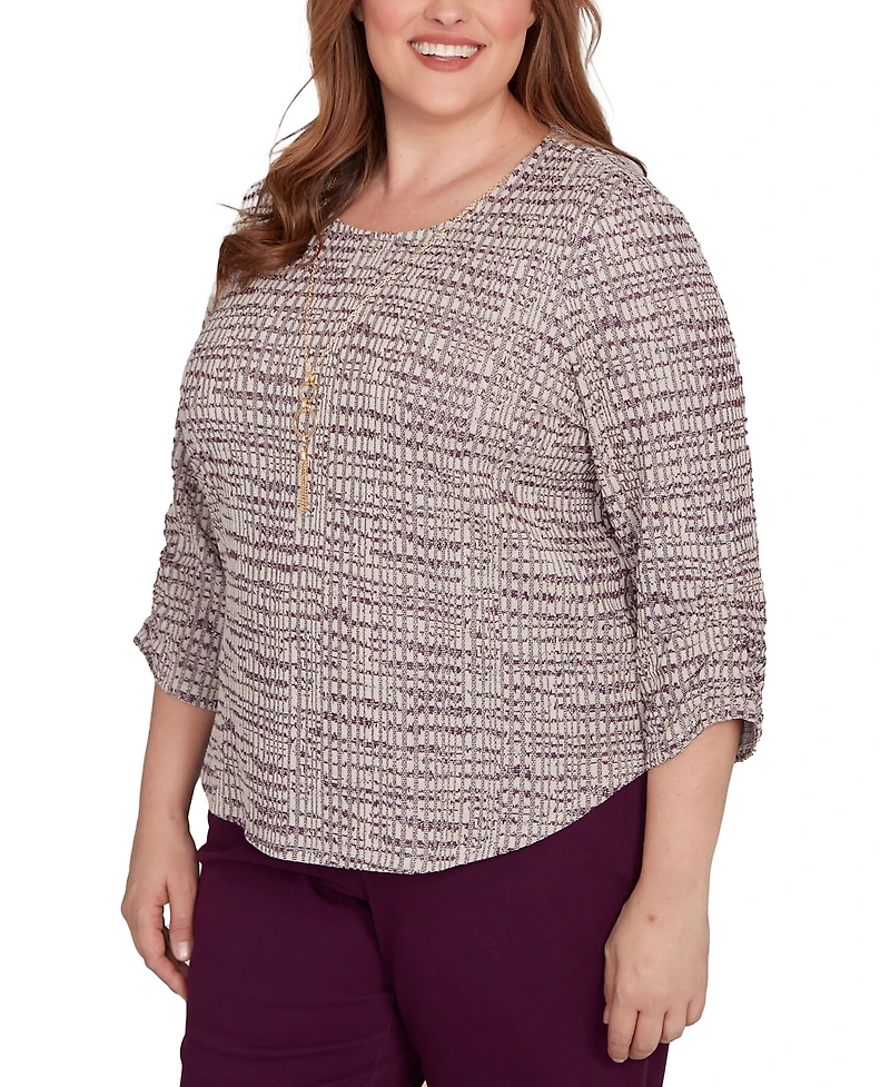 Alfred Dunner Plus Urban Legend Textured Shimmer Space Dye Top with Necklace