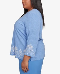 Alfred Dunner Plus As Usual Medallion Bordered Periwinkle Pull On Top with Necklace