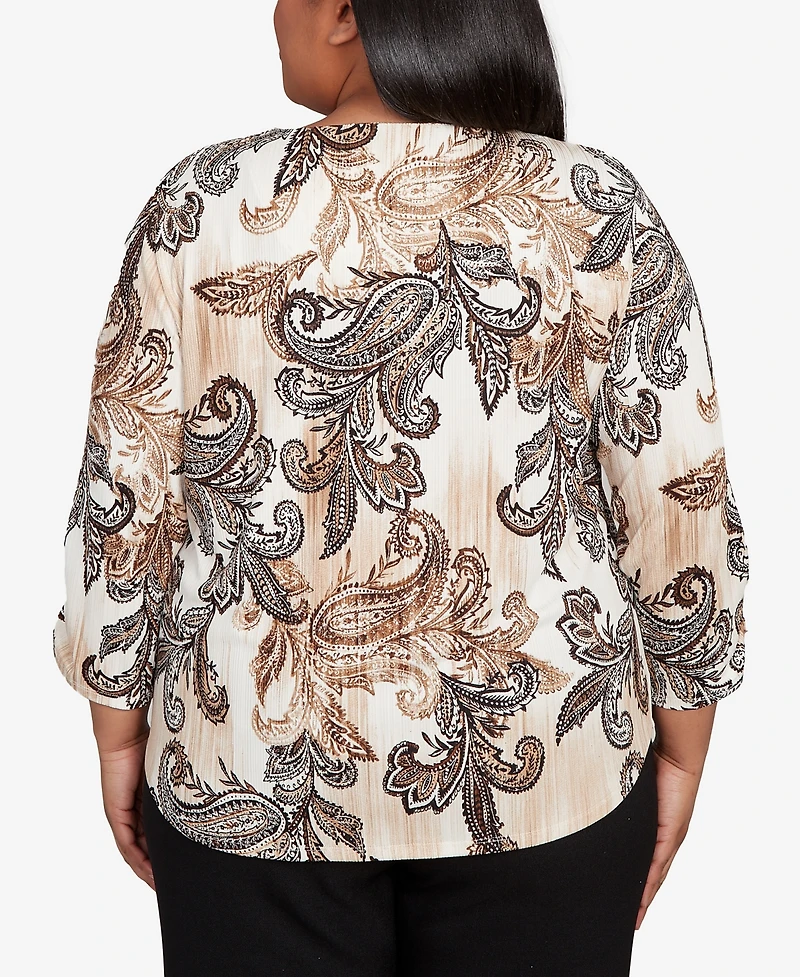 Alfred Dunner Plus Textured Paisley Ruched Sleeve Top