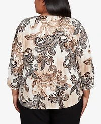 Alfred Dunner Plus Textured Paisley Ruched Sleeve Top