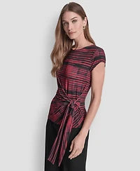 Dkny Women's Printed Jersey Waist Tie Detail Knit Top