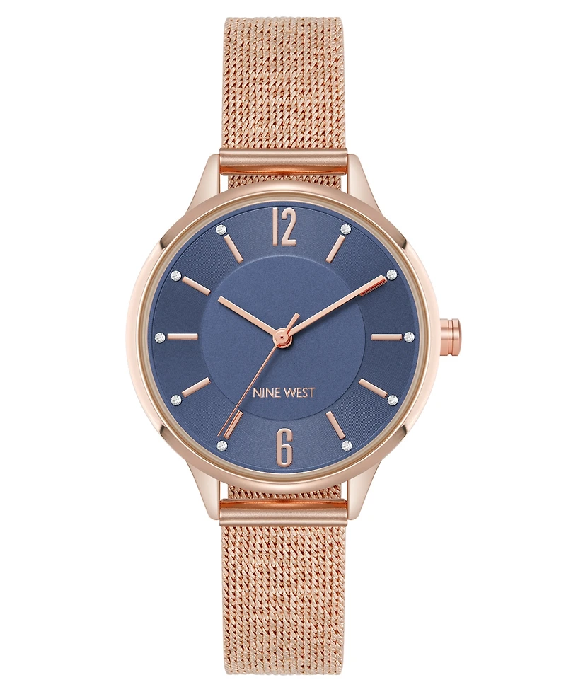 Nine West Women's Quartz Capital Navy and Rose Gold-Tone Stainless Steel Mesh Watch, 34mm