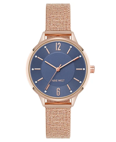 Nine West Women's Quartz Capital Navy and Rose Gold-Tone Stainless Steel Mesh Watch, 34mm