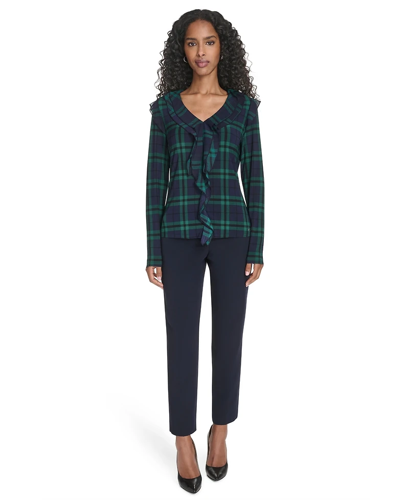 Tommy Hilfiger Women's Long Sleeve Plaid Mixed Media Ruffle Top