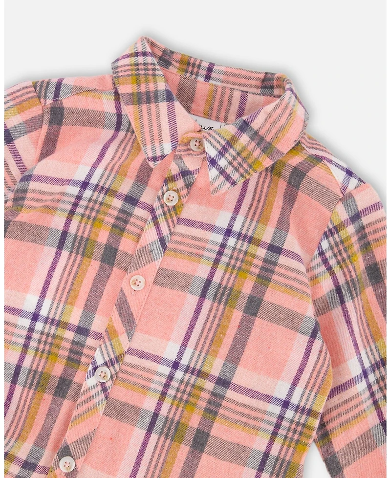 Deux par Big Girls Shirt Plaid Dress with Frill Pink, Yellow and Gray