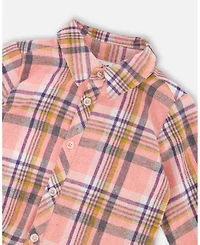 Deux par Big Girls Shirt Plaid Dress with Frill Pink, Yellow and Gray