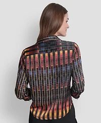 Dkny Women's Printed Satin Long Sleeve V-Neck Blouse