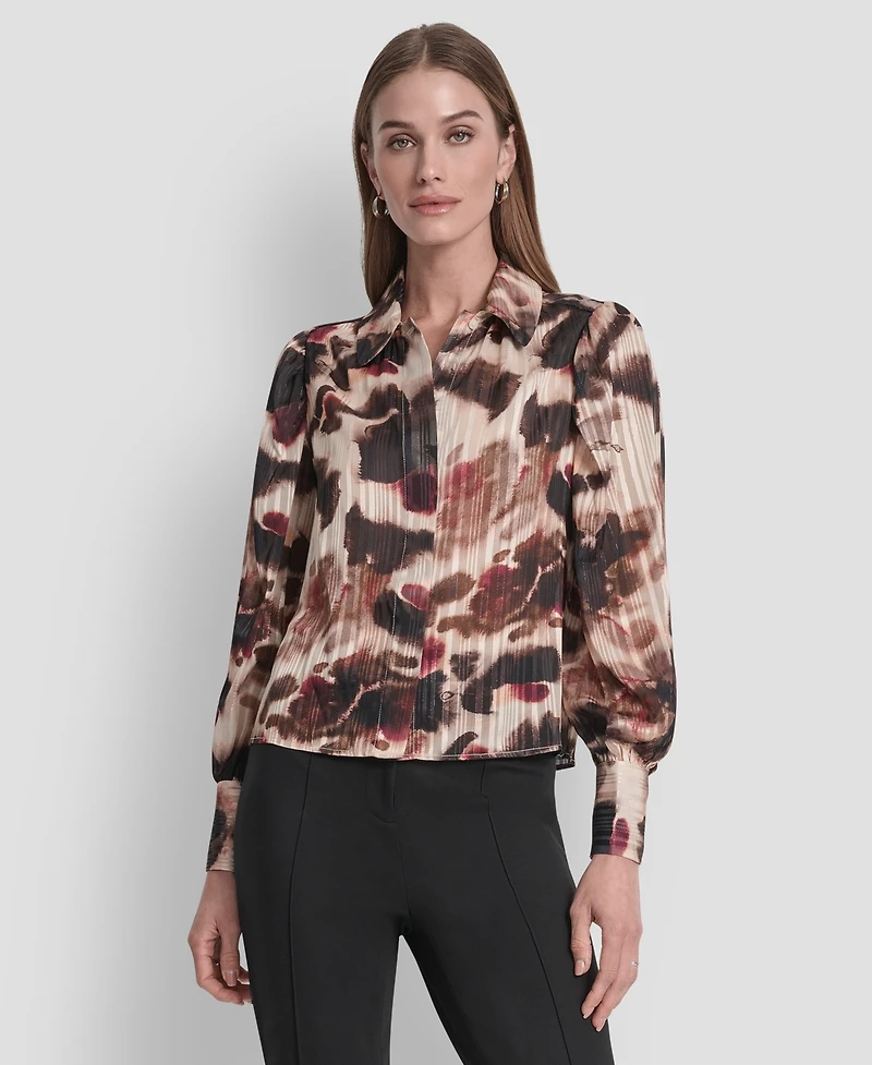 Dkny Women's Covered Placket Long Balloon Sleeve Woven Blouse