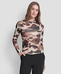 Dkny Women's Fitted Funnel Neck Tissue Mesh Long Sleeve Top