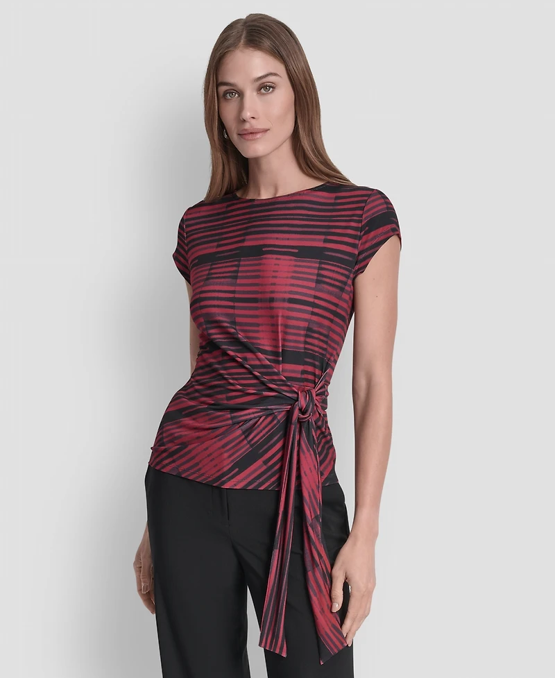 Dkny Women's Printed Jersey Waist Tie Detail Knit Top