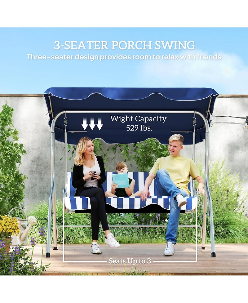 Outsunny 3-Person Porch Swing with Adjustable Canopy, & Stripe