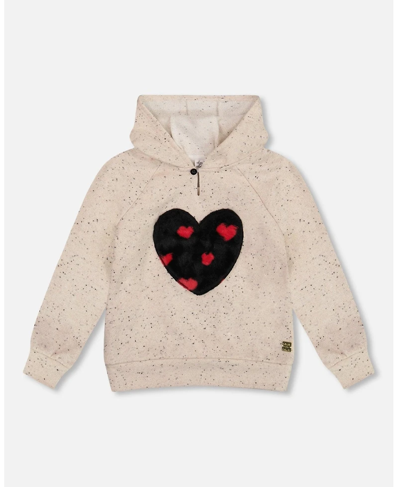 Deux par Big Girls Glittering Beige French Terry Hoodie with Heart Applique