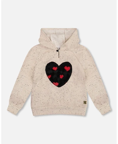 Deux par Big Girls Glittering Beige French Terry Hoodie with Heart Applique