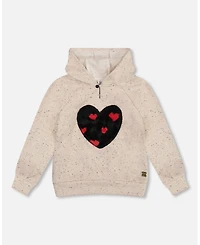 Deux par Big Girls Glittering Beige French Terry Hoodie with Heart Applique