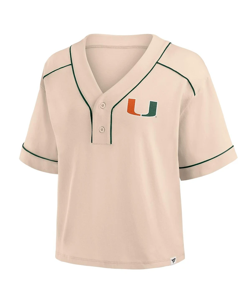Fanatics Women's Tan Miami Hurricanes Oversized Dominant Force Cropped V-Neck T-Shirt