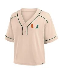 Fanatics Women's Tan Miami Hurricanes Oversized Dominant Force Cropped V-Neck T-Shirt