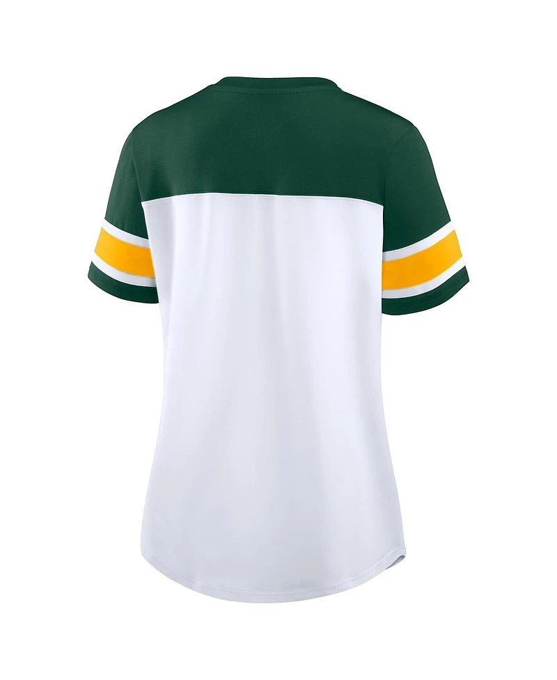 Fanatics Women's White/Green Green Bay Packers Athena Rhinestone Lace-Up V-Neck T-Shirt