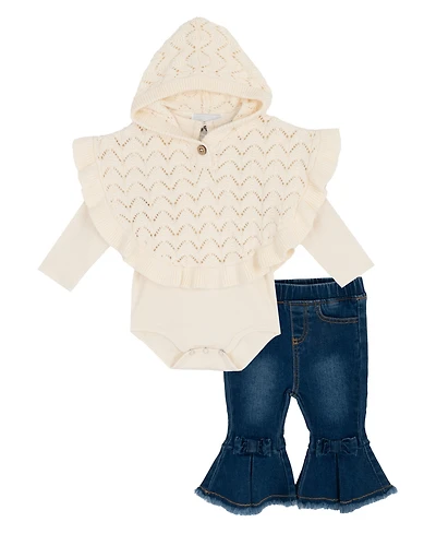 Rare Editions Baby Girls 3-Piece Hooded Poncho, Bodysuit and Denim Leggings Set