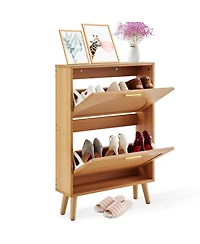 Slickblue Shoe Cabinet with 2 Flip Drawers and Rattan Doors, Freestanding Entryway Organizer