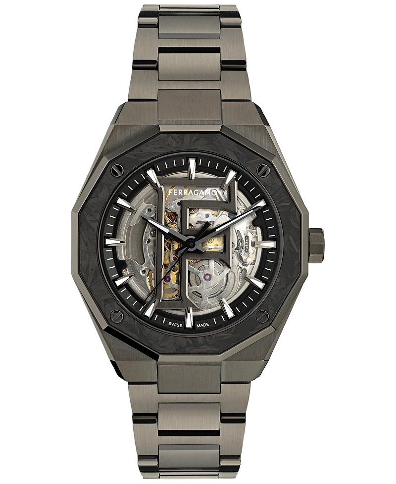 Ferragamo Men's Swiss Automatic Edge Skeleton Gunmetal Ion Plated Bracelet Watch 42mm
