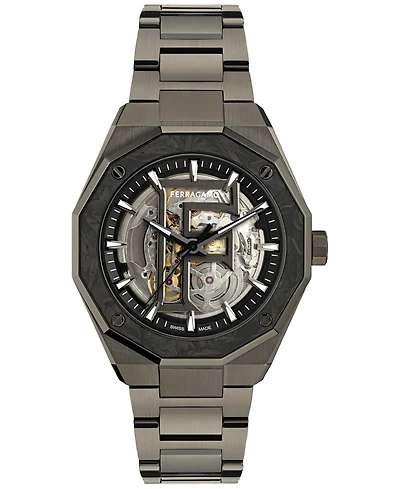 Ferragamo Men's Swiss Automatic Edge Skeleton Gunmetal Ion Plated Bracelet Watch 42mm