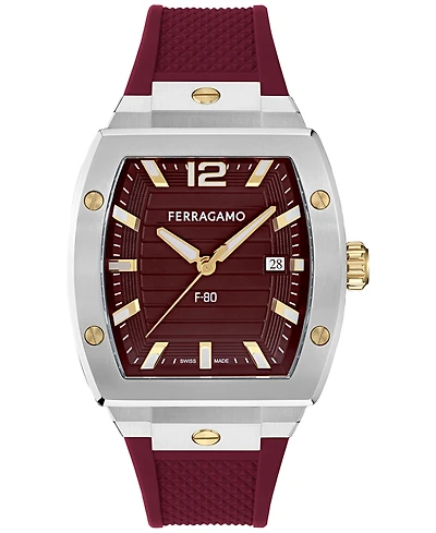 Ferragamo Men's Swiss F-80 Tonneau Burgundy Polyurethane Strap Watch 42mm