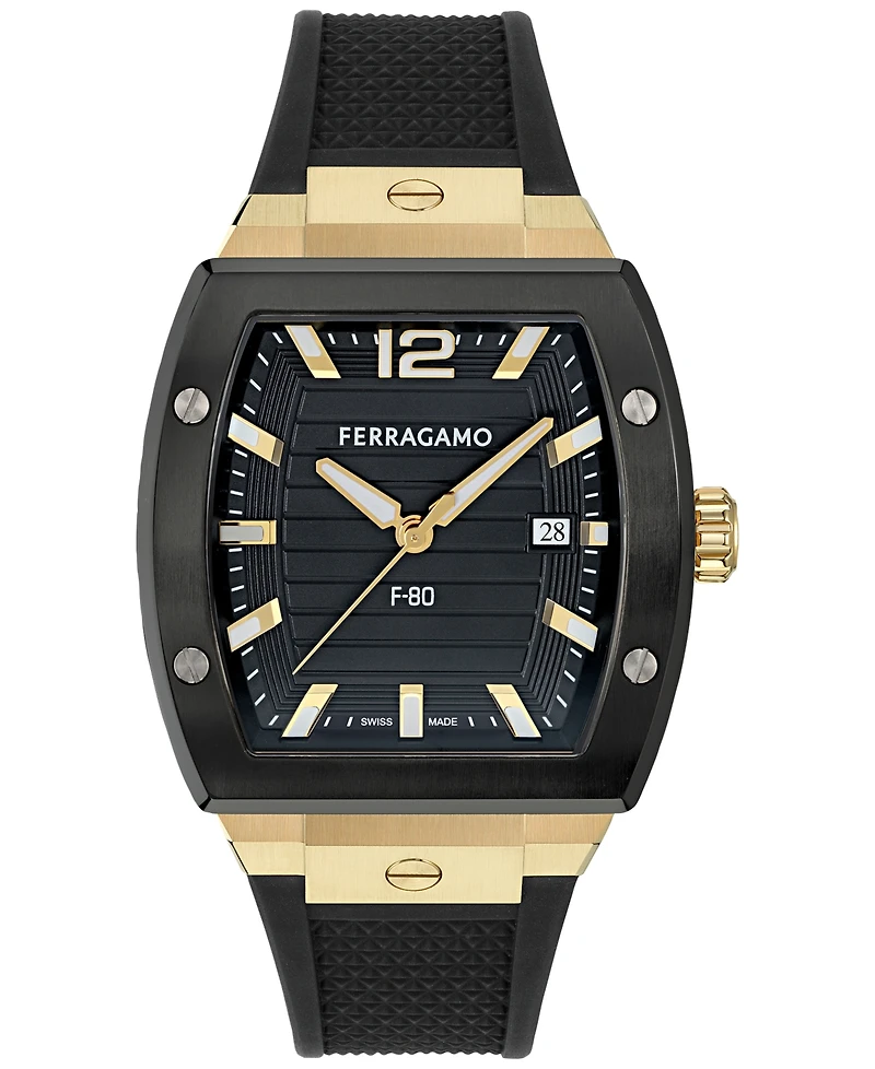 Ferragamo Men's Swiss F-80 Tonneau Black Polyurethane Strap Watch 42mm