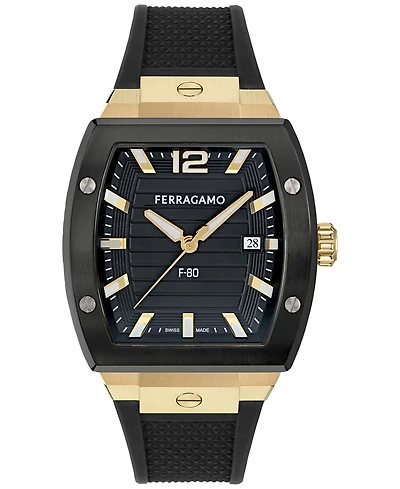 Ferragamo Men's Swiss F-80 Tonneau Black Polyurethane Strap Watch 42mm