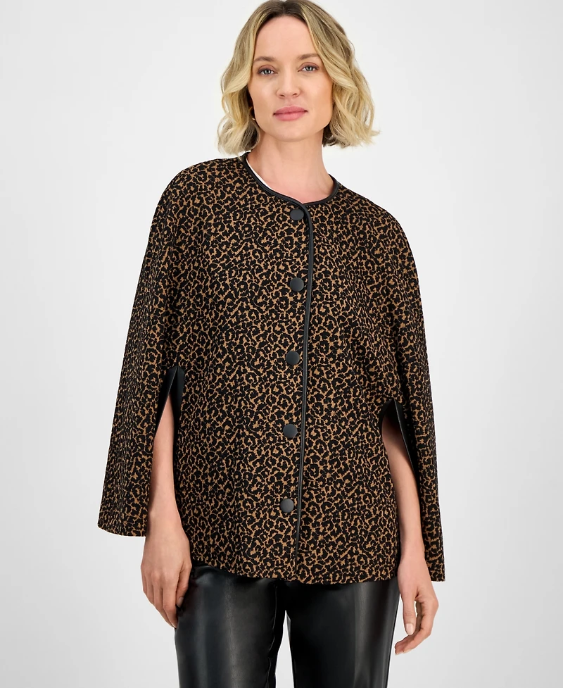 Kasper Leopard Jacquard Snap-Front Cape-Sleeve Topper, Regular & Petites