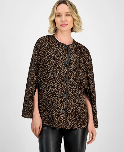 Kasper Leopard Jacquard Snap-Front Cape-Sleeve Topper, Regular & Petites