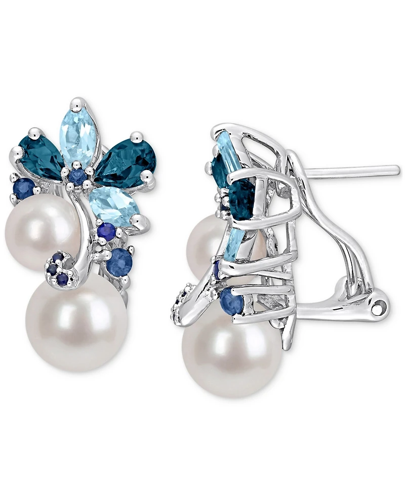 Pink Cultured Freshwater Pearl (6 & 8mm) Multi-Gemstone (2-5/8 ct. t.w.) Cluster Omega Back Earrings 18k Rose Gold Flash-Plated Sterling Silver