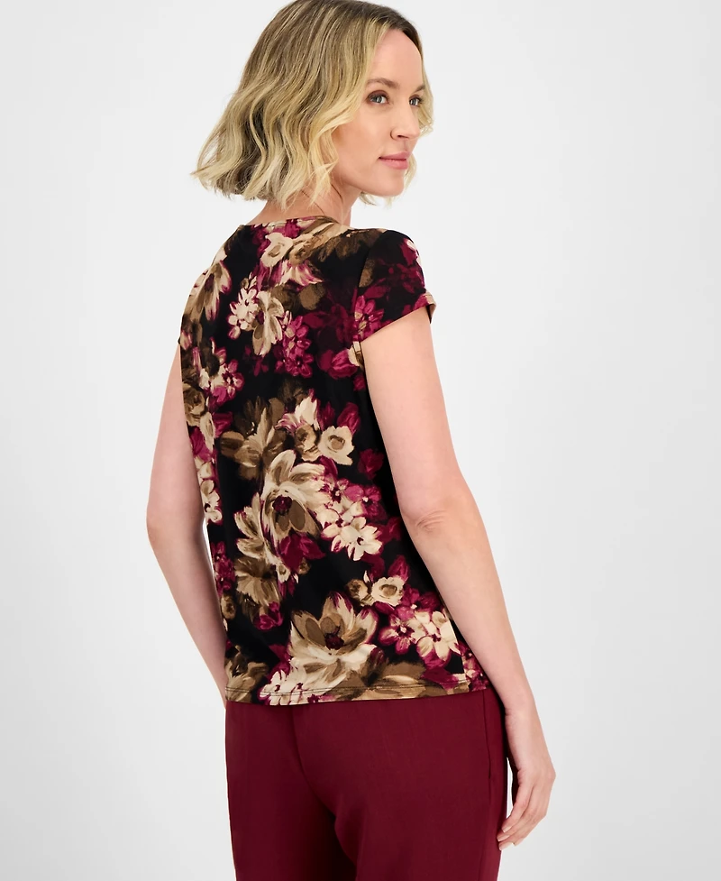 Kasper Women's Printed Cowl Neck Cap Sleeve Top