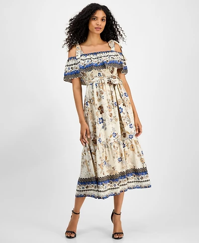 Anne Klein Women's Printed Tie-Waist Off-The-Shoulder Dress