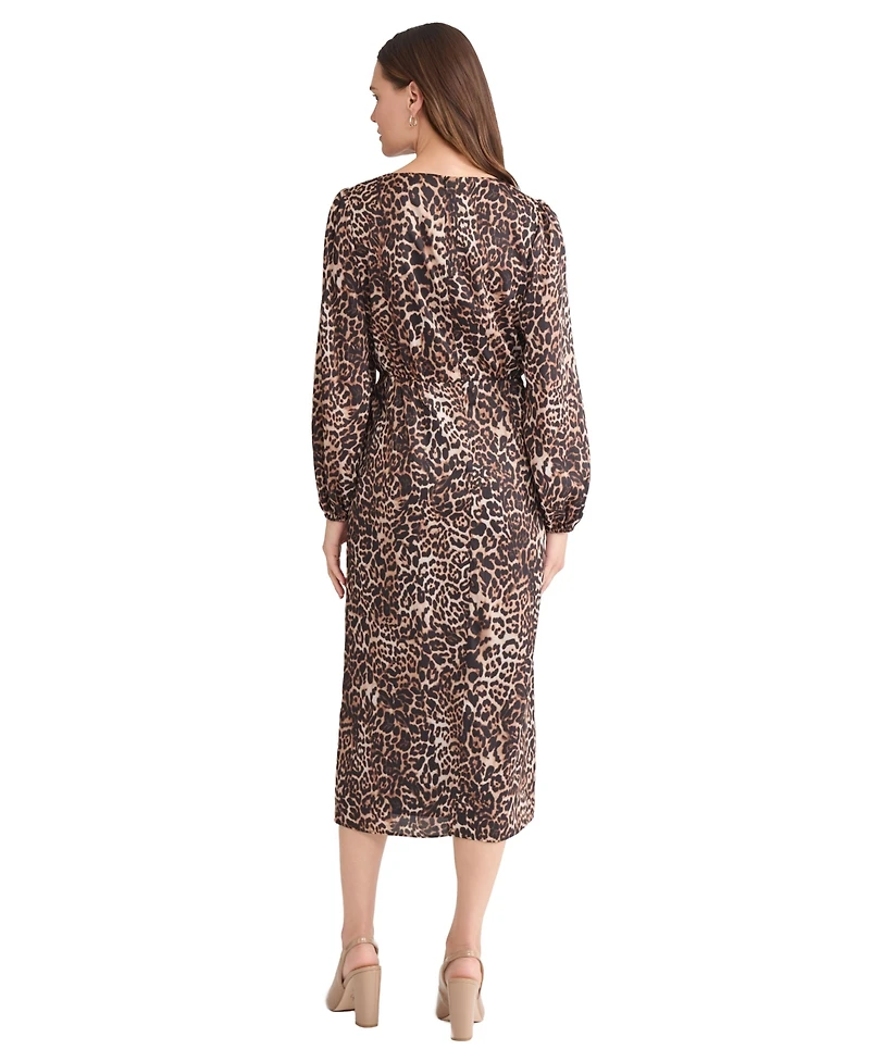 Jones New York Women's Long Sleeve Shirred Front Slit Midi Dress