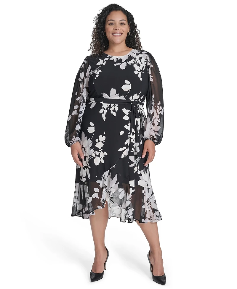 Tommy Hilfiger Plus Chiffon Long-Sleeve Midi Dress