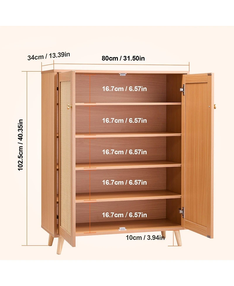 Slickblue Rattan Shoe Cabinet with 2 Doors, 5-Tier Shoe Organizer with Adjustable Shelves