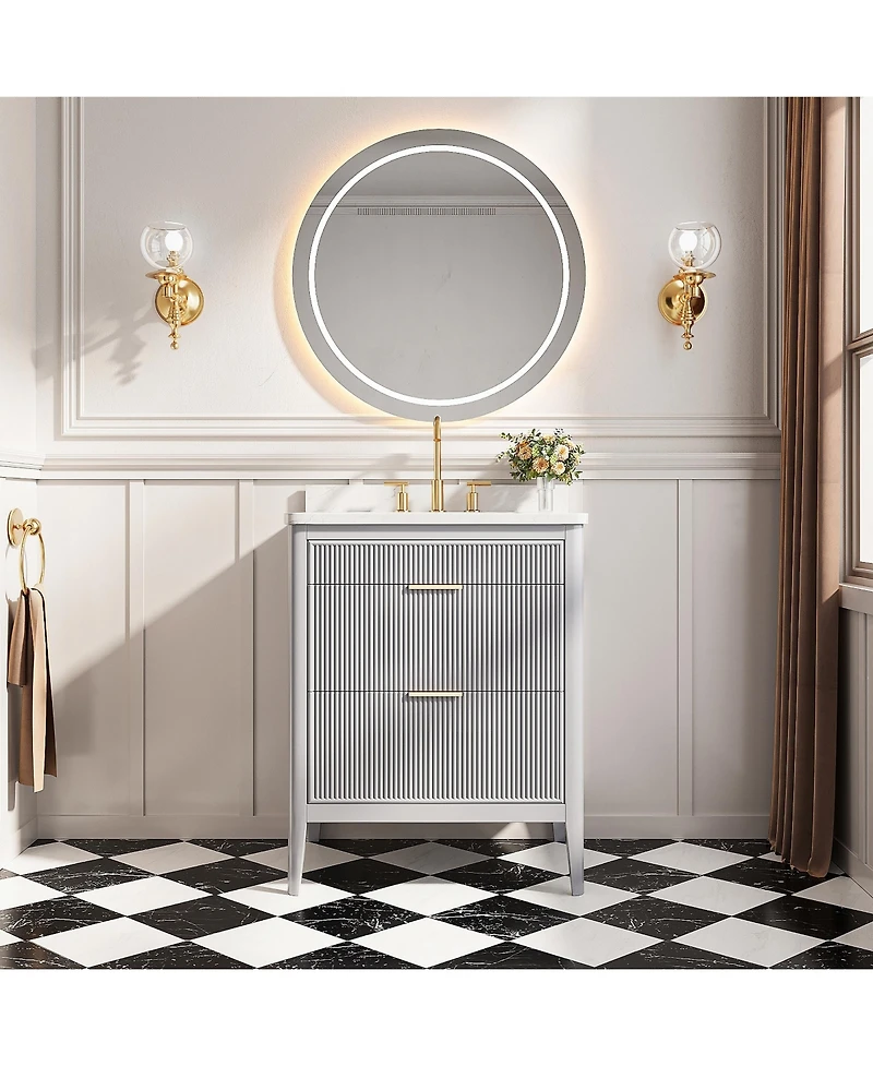 Casainc Fully Assembled 30" Freestanding Single Sink Bathroom Vanity with 2 Handle Sets and Engineered Marble Top