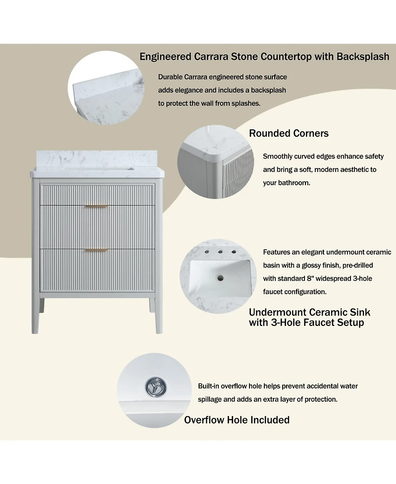 Casainc Fully Assembled 30" Freestanding Single Sink Bathroom Vanity with 2 Handle Sets and Engineered Marble Top