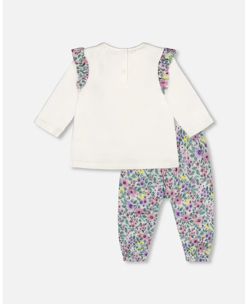Deux par Baby Girls Cotton Off-White Top and Muslin Pants Set