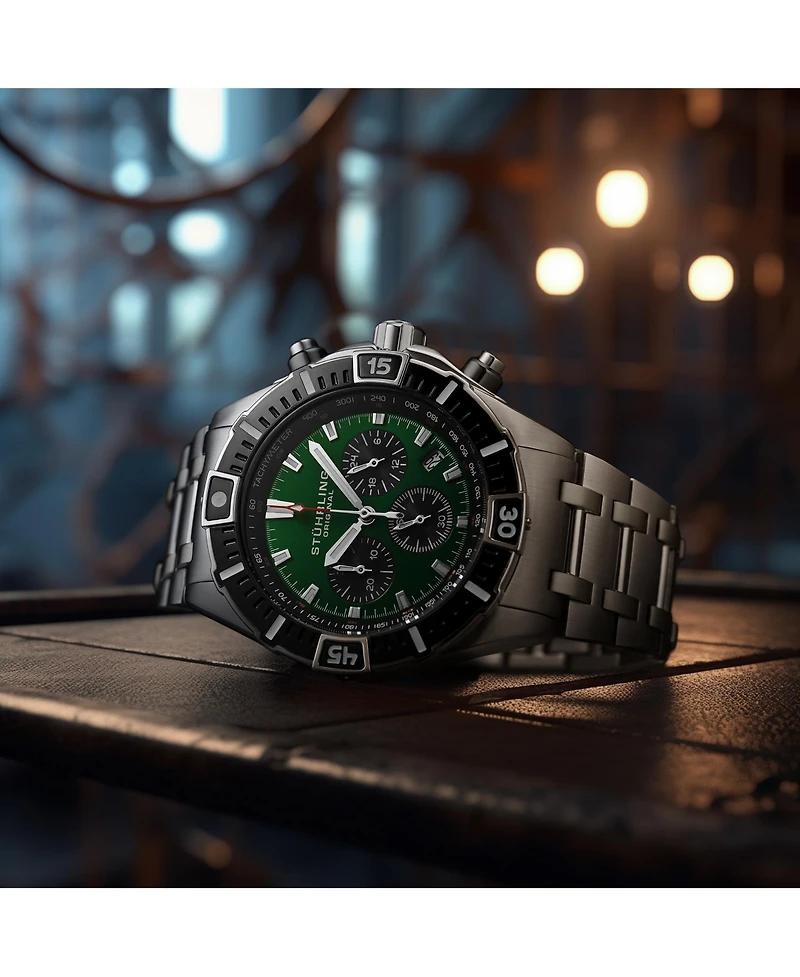 Stuhrling 1022 Men s Chronograph Watch Quartz Movement Green Dial Black Subdials Black Bezel Stainless Steel Bracelet 50M Water Resistant Date Window