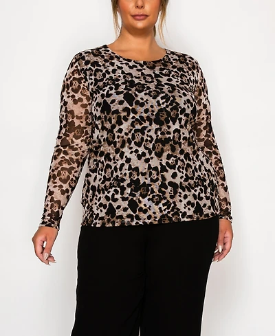 Coin 1804 Plus Leopard Mesh Scoop Neck Long Sleeve Top