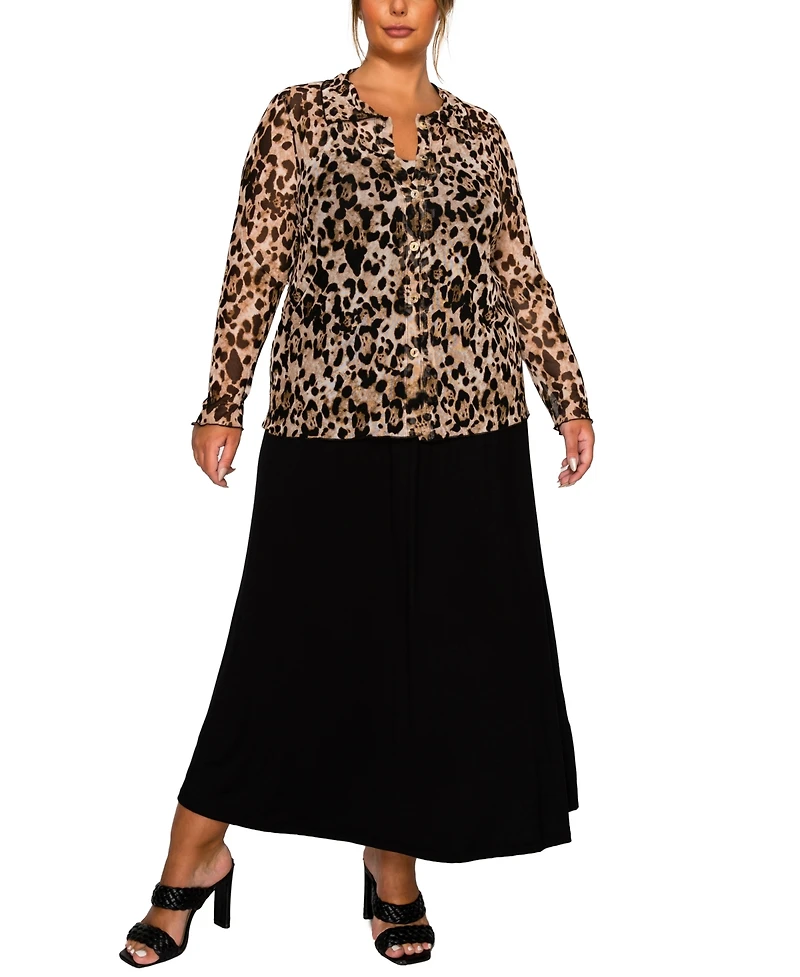 Coin 1804 Plus Leopard Mesh Button Front Long Sleeve Top