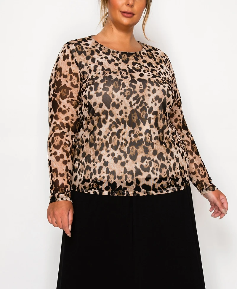 Coin 1804 Plus Size Leopard Mesh Scoop Neck Long Sleeve Top