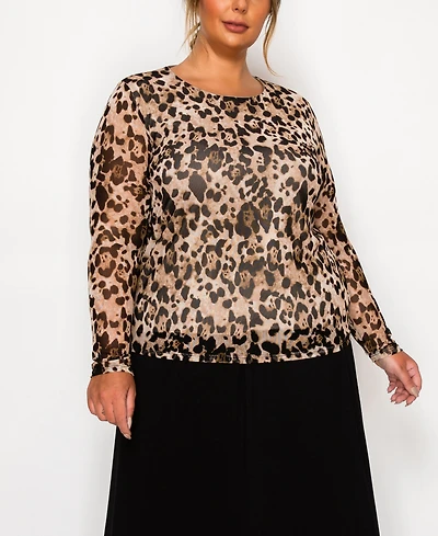 Coin 1804 Plus Size Leopard Mesh Scoop Neck Long Sleeve Top