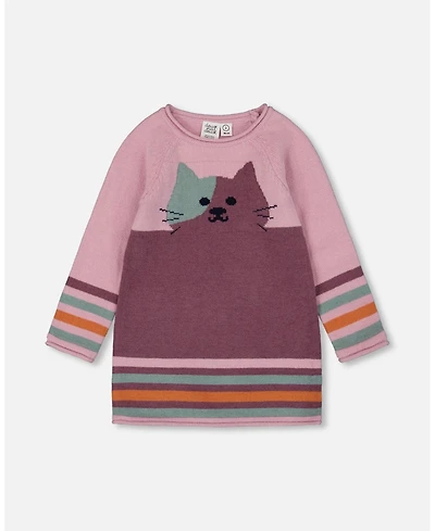 Deux par Baby Girl Knitted Dress Dusty Pink with Cat
