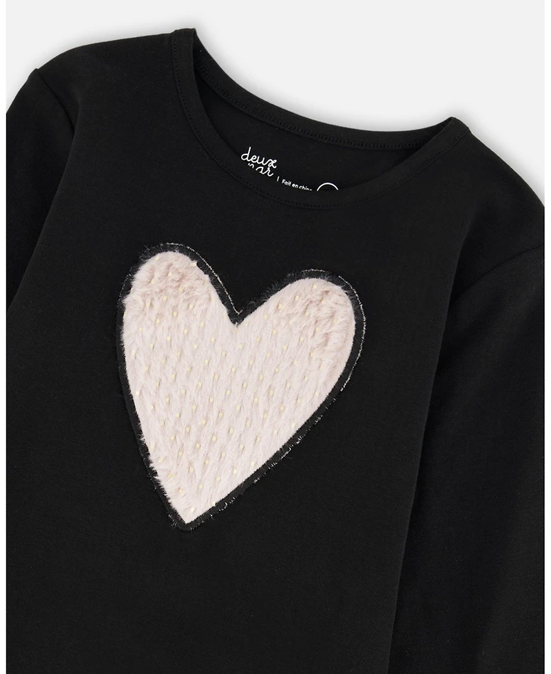 Deux par Girl Cotton Long Sleeve T-Shirt Black with Heart